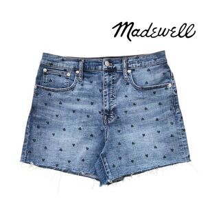 Madewell Women's Blue Denim Shorts High-Rise Heart Printed Fray Hem Size 30 (M)